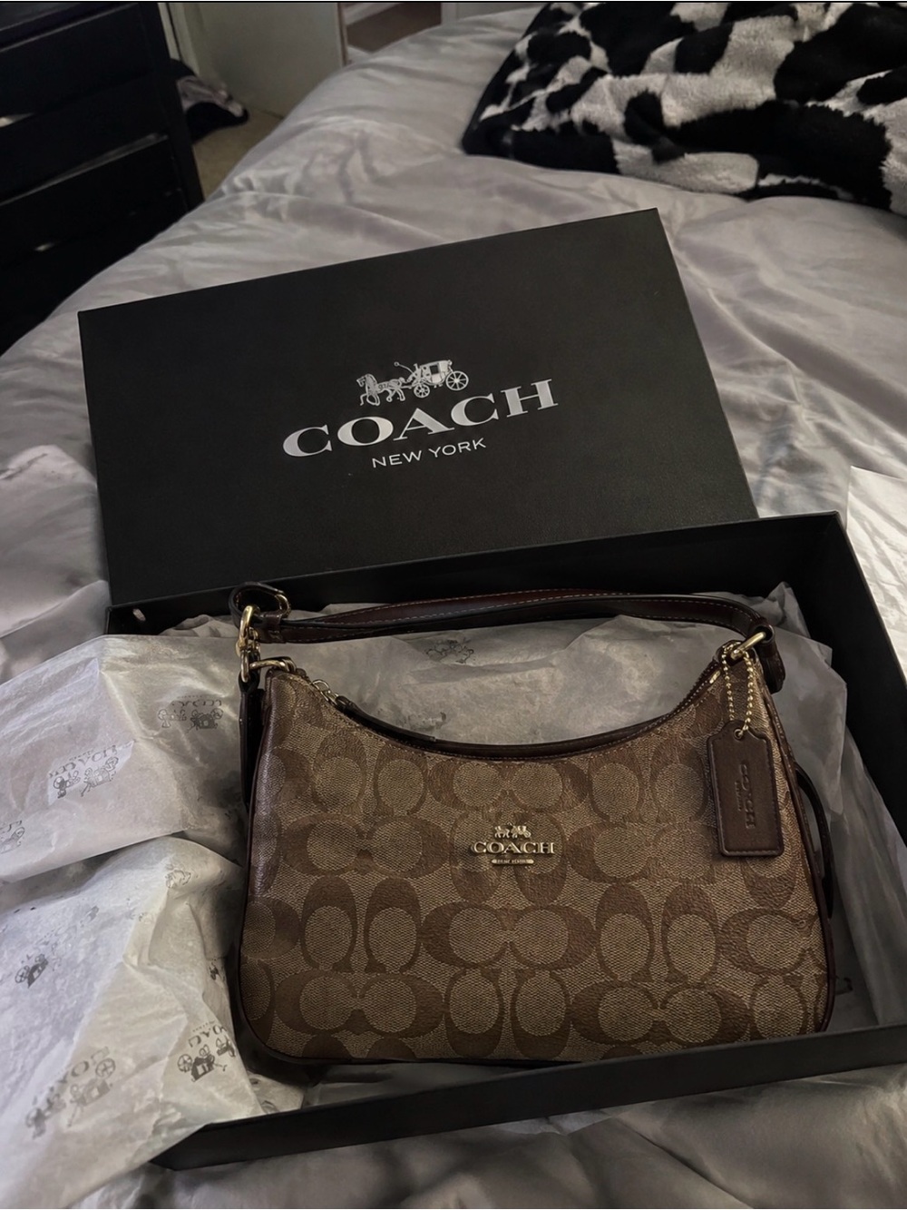 Coach Brown Signature Canvas Shoulder Bag with Leather Trim